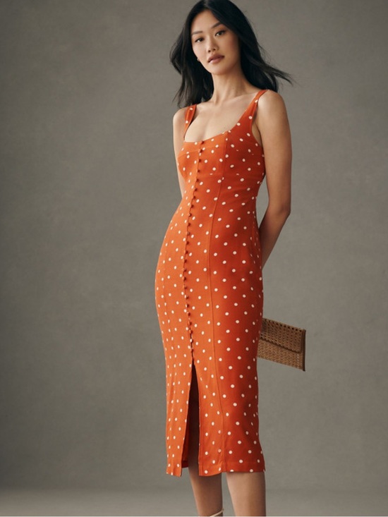 Anthropologie Dresses & Skirts - Maeve Anthropologie Orange Polka Dot Midi Dress with Front Slit Size 2